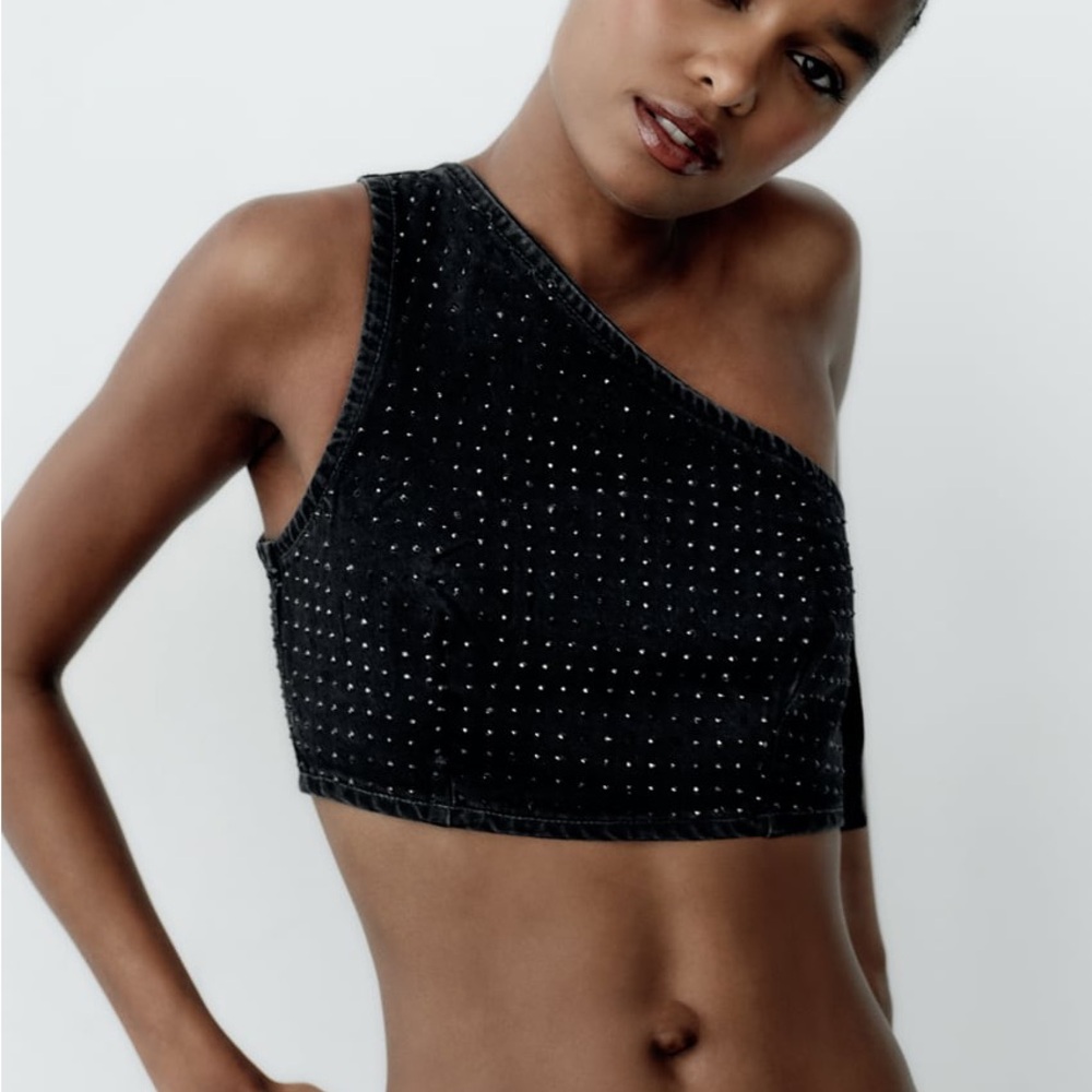 Zara Rhinestone TRF Denim Crop Top